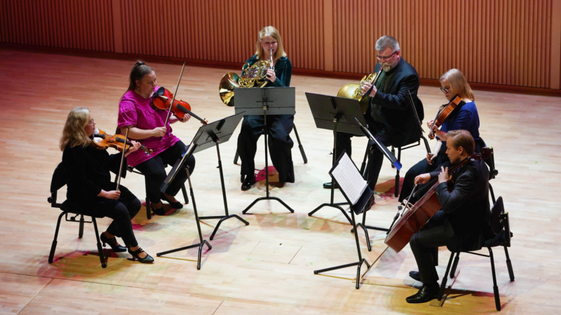 Six musicians playing and sitting, violinists and wind indstrument players.