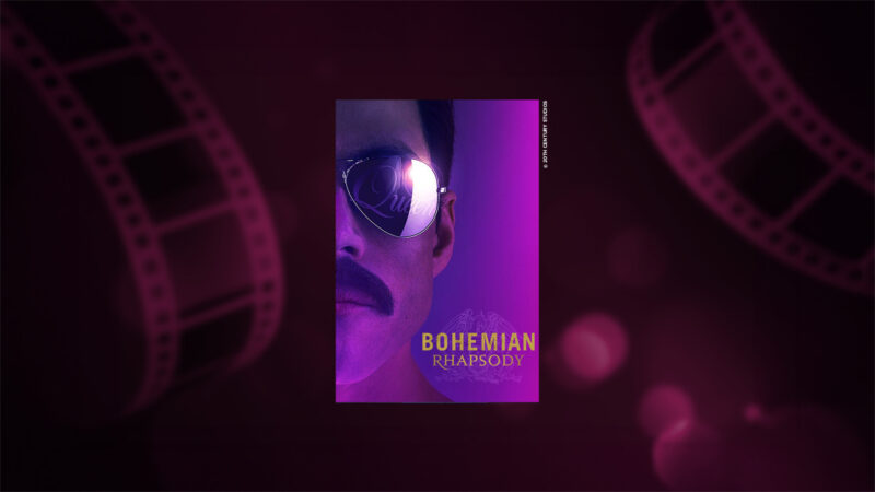 Bohemian Rhapsody elokuvan juliste, jossa pääosaa esittävä Rami Malek pitää aurinkolaseja, josta heijastuu Queen teksti.