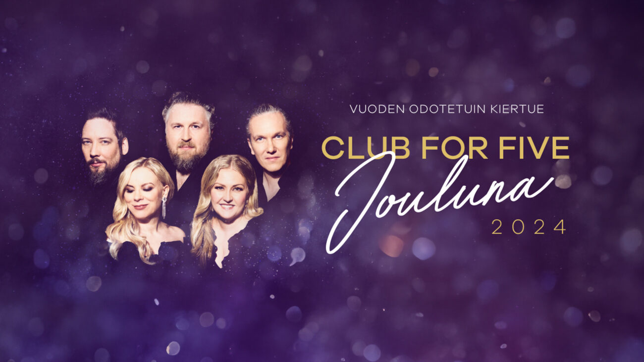 Violetti glittertaustalla Club For Fiven jäsenet ja vieressä teksti "Vuoden odotetuin kiertue Club For Five Jouluna 2024".