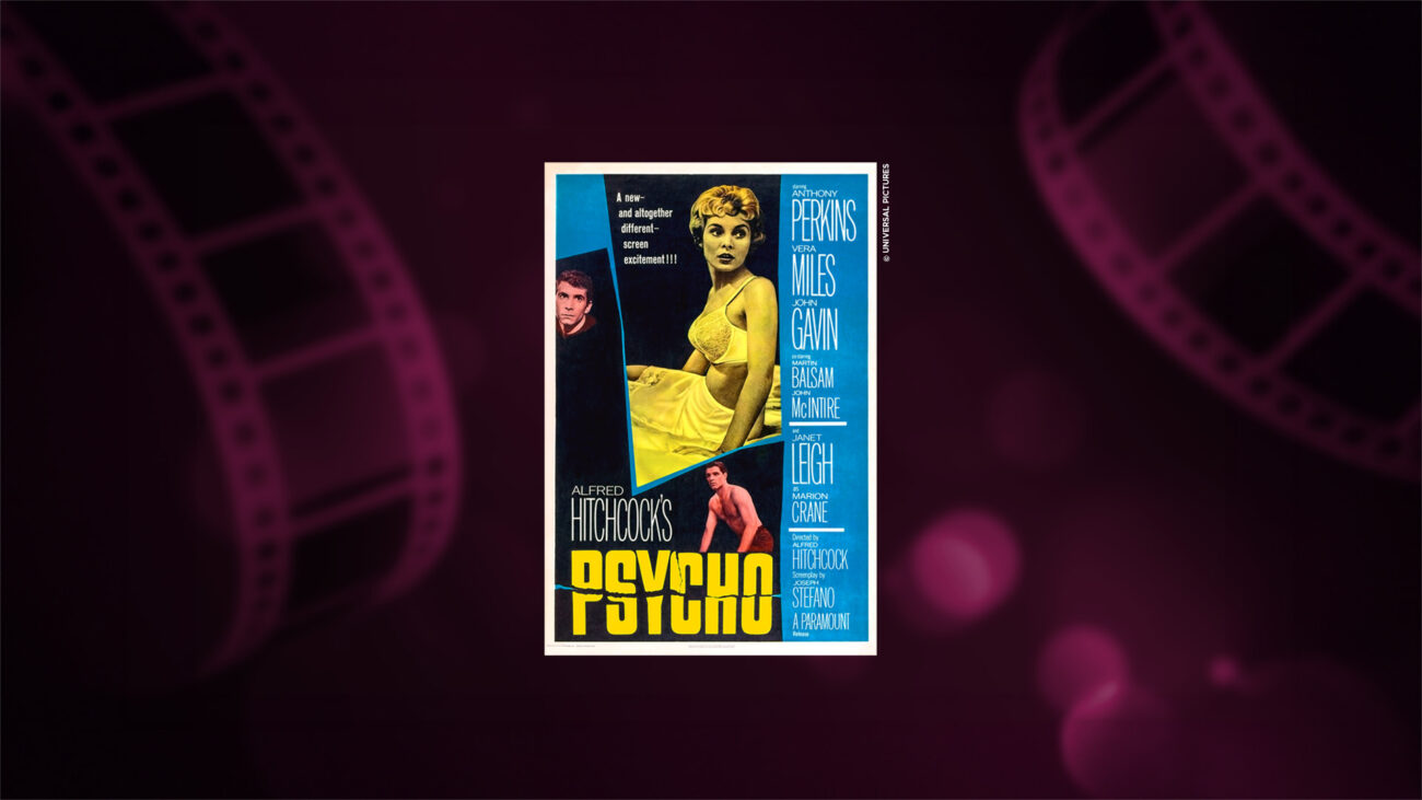 Psycho elokuvan juliste vuodelta 1960. Keltaiseksi sävytetty näyttelijätär makaa vuoteessa.