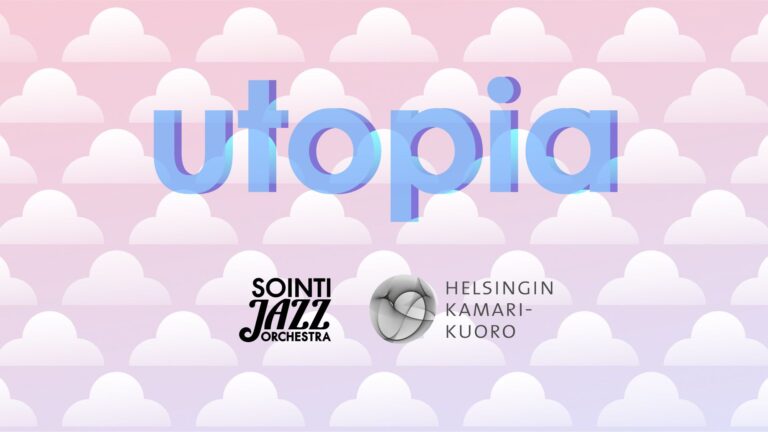 Vaaleanpuneainen graafinen pilvitausta ja keskellä sinisellä "Utopia".