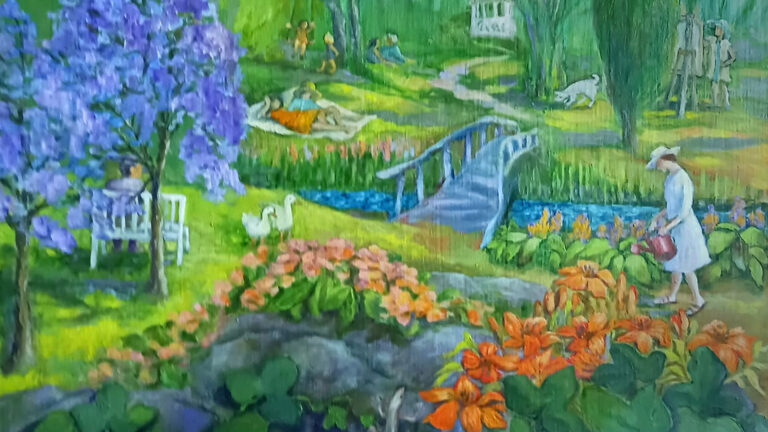 Värikäs maalaus, jossa silta, ankkoja, ihmisiä piknikillä ja nainen kastelee kukkia.